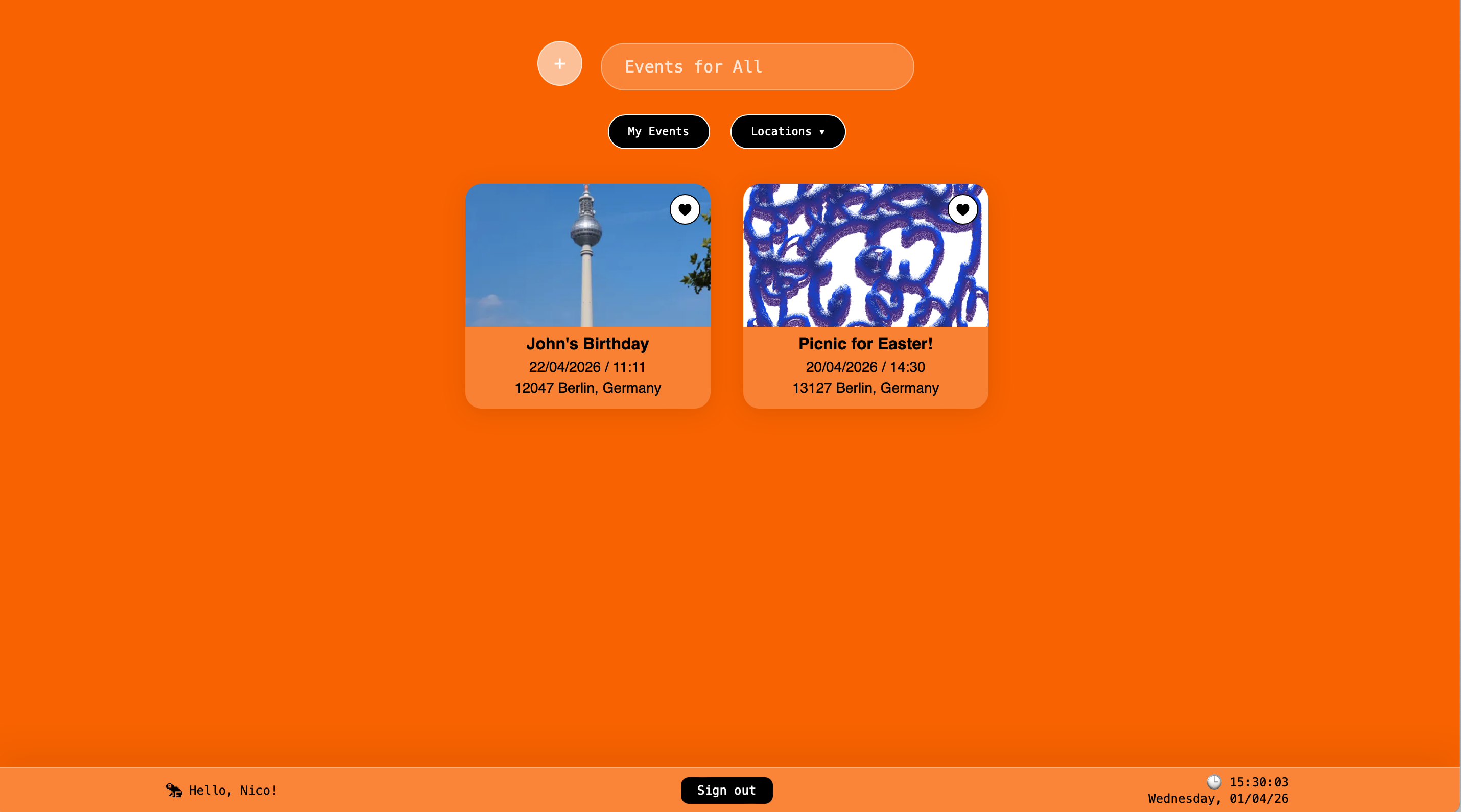 Frolik homepage showing event cards and browsing options