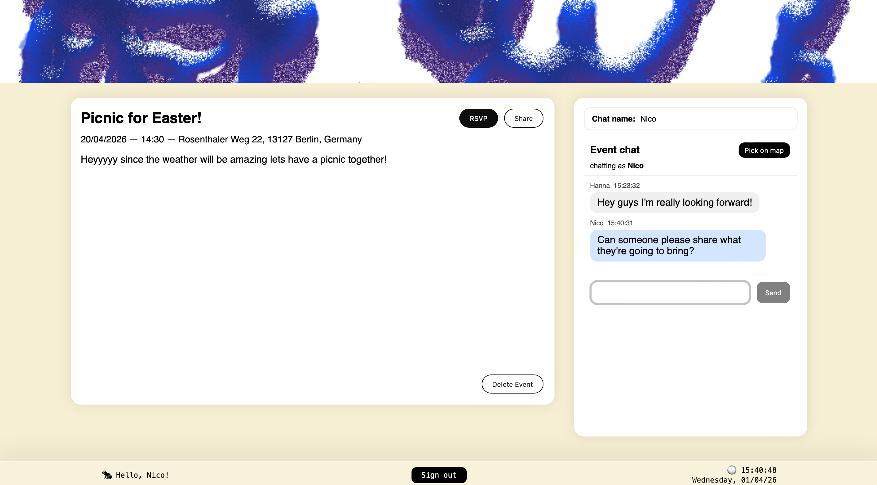 Frolik event page showing details and event chat